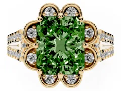 Fancy Green Radiant Cut Diamond Floral Halo Split Shank Engagement Ring Set in Yellow gold with Pavé Shank