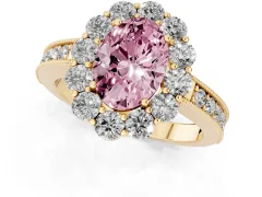 Fancy Pink Oval Cut Diamond Halo Pavé Engagement Ring Set in Yellow gold with Milgrain Detailing