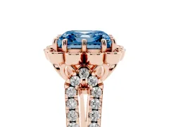 Fancy Blue Asscher Cut Diamond Floral Halo Split Shank Engagement Ring Set in Rose gold with Pavé Shank