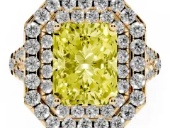 Fancy Yellow Radiant Cut Diamond Double Halo Ring Set in Yellow gold with Pavé Split Shank and Prong Setting