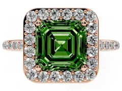Fancy Green Asscher Cut Diamond Halo Engagement Ring Set in Rose gold with Round Pavé Shoulders and Heart Gallery