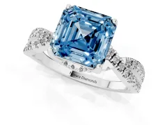 Fancy Blue Asscher Cut Diamond Twist Pavé Solitaire Engagement Ring Set in White gold with Prong Setting