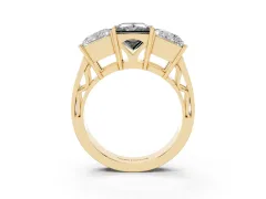 Fancy Black Princess Cut Diamond Three-Stone Ring Set in Yellow gold with Textured Band
