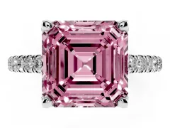Fancy Pink Asscher Cut Diamond Solitaire Ring Set in Platinum with Brilliant Pavé Band and Prong Setting