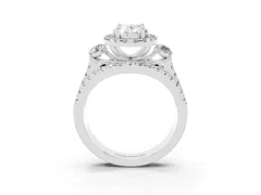 Oval Cut Diamond Halo Split Shank Ring Set in Platinum with Round Accent Stones and Prong Setting