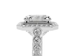 Emerald Cut Diamond Milgrain Halo Solitaire Ring Set in Platinum with Bezel Set Side Stones and Pavé Band