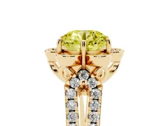 Fancy Yellow Round Cut Diamond Floral Halo Split Shank Engagement Ring Set in Yellow gold with Pavé Shank