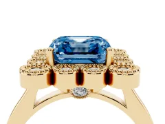 Fancy Blue Asscher Cut Diamond Cluster Halo Ring Set in Yellow gold with Milgrain Bezel Accents and Plain Band