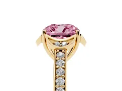 Fancy Pink Cushion Cut Diamond Halo Ring Set in Yellow gold with Channel Set Band and Prong Setting