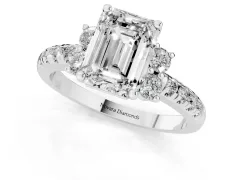 Emerald Cut Diamond Three-Stone Pavé Ring Set in Silver with Prong Setting