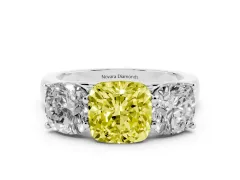 Fancy Yellow Cushion Cut Diamond Three-Stone Ring Set in White gold with Plain Polished Band