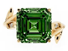 Fancy Green Asscher Cut Diamond Solitaire Twist Engagement Ring Set in Yellow gold with Pavé Leaf Accents