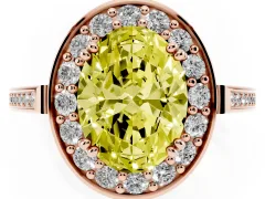 Fancy Yellow Oval Cut Diamond Halo Ring Set in Rose gold with Accent-Lined Split Shank and Prong Setting