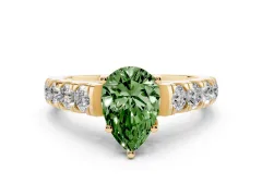 Fancy Green Pear Cut Diamond Solitaire Ring Set in Yellow gold with Cut-Down Micro Pavé Band and Prong Setting