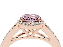 Fancy Pink Oval Cut Diamond Halo Split Shank Pavé Ring Set in Rose gold with Prong Setting