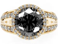 Fancy Black Round Cut Diamond Halo Ring Set in Yellow gold with Double Pavé Split Shank