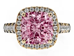 Fancy Pink Cushion Cut Diamond Halo Engagement Ring Set in Yellow gold with Pavé Band and Prong-Set Center