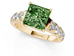Fancy Green Princess Cut Diamond Solitaire Ring Set in Yellow gold with Cut-Down Micro Pavé Band and Prong Setting
