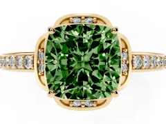 Fancy Green Cushion Cut Diamond Halo Ring Set in Yellow gold with Channel Set Band and Prong Setting