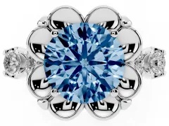 Fancy Blue Round Cut Diamond Floral Halo Ring Set in Silver with Shared Prong Band