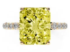 Fancy Yellow Radiant Cut Diamond Solitaire Engagement Ring Set in Yellow gold with Round Pavé Band and Prong Setting