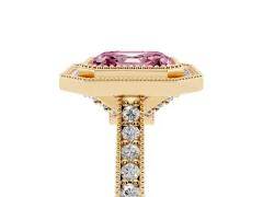 Fancy Pink Asscher Cut Diamond Halo Milgrain Pavé Band Ring Set in Yellow gold with Prong Setting
