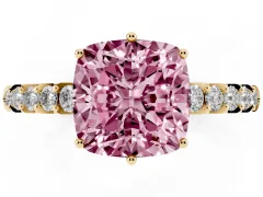 Fancy Pink Cushion Cut Diamond Solitaire Engagement Ring Set in Yellow gold with Pavé Band and Prong Setting