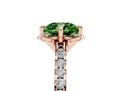 Fancy Green Cushion Cut Diamond Solitaire Ring Set in Rose gold with Pavé Band and Floral Prong Setting
