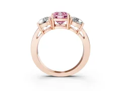 Fancy Pink Cushion Cut Diamond Three-Stone Ring Set in Rose gold with Round Side Stones and Classic Band