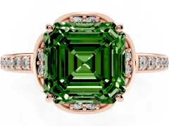 Fancy Green Asscher Cut Diamond Halo Ring Set in Rose gold with Channel Set Band and Prong Setting