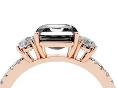 Fancy Black Asscher Cut Diamond Three-Stone Ring Set in Rose gold with Pavé Band and Graduated Sides