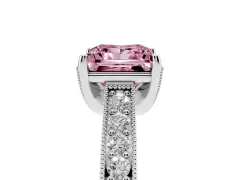 Fancy Pink Princess Cut Diamond Solitaire Ring Set in White gold with Milgrain-Edged Pavé Band and Prong Setting