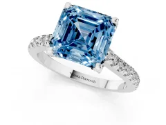 Fancy Blue Asscher Cut Diamond Solitaire Ring Set in Silver with Brilliant Pavé Band and Prong Setting