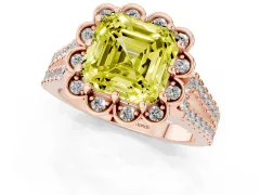 Fancy Yellow Asscher Cut Diamond Floral Halo Split Shank Engagement Ring Set in Rose gold with Pavé Shank