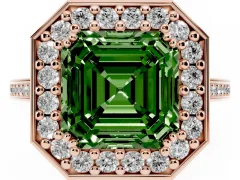 Fancy Green Asscher Cut Diamond Halo Ring Set in Rose gold with Accent-Lined Split Shank and Prong Setting