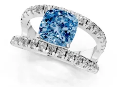 Fancy Blue Cushion Cut Diamond Split Shank Pavé Solitaire Ring Set in Silver with Open Shank Design