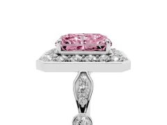 Fancy Pink Radiant Cut Diamond Halo Engagement Ring Set in White gold with Twisted Band and Prong Setting