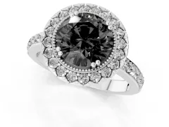 Fancy Black Round Cut Diamond Halo Ring Set in White gold with Pavé Shank and Prong Setting