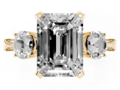 Fancy Black Emerald Cut Diamond Three-Stone Ring Set in Yellow gold with Pavé Band and Smaller Side Stones