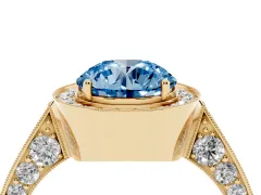 Fancy Blue Round Cut Diamond Halo Engagement Ring Set in Yellow gold with Accent Split Shank Band