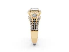 Asscher Cut Diamond Halo Split Shank Ring Set in Yellow gold with Round Accent Stones and Prong Setting