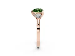 Fancy Green Heart Cut Diamond Three-Stone Ring Set in Rose gold with Pavé Band and Smaller Side Stones