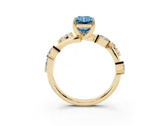 Fancy Blue Radiant Cut Diamond Solitaire Ring Set in Yellow gold with Twisted Marquise Accent Band