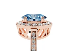 Fancy Blue Oval Cut Diamond Halo Ring Set in Rose gold with Accent-Lined Split Shank and Prong Setting