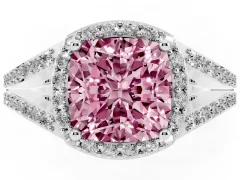 Fancy Pink Cushion Cut Diamond Halo Split Shank Pavé Ring Set in Platinum with Prong Setting