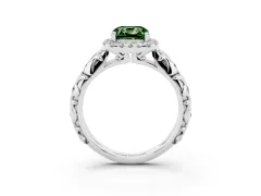 Fancy Green Cushion Cut Diamond Halo Ring Set in Silver with Filigree Leaf Band and Prong Setting