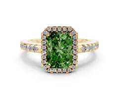 Fancy Green Radiant Cut Diamond Halo Ring Set in Yellow gold with Pavé Shoulders and Halo-Framed Center