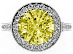 Fancy Yellow Round Cut Diamond Halo Engagement Ring Set in Platinum with Accent Split Shank Band