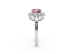 Fancy Pink Princess Cut Diamond Milgrain Halo Solitaire Ring Set in Silver with Bezel Set Side Stones and Pavé Band