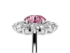 Fancy Pink Round Cut Diamond Floral Double Halo Ring Set in Silver with Round Petals